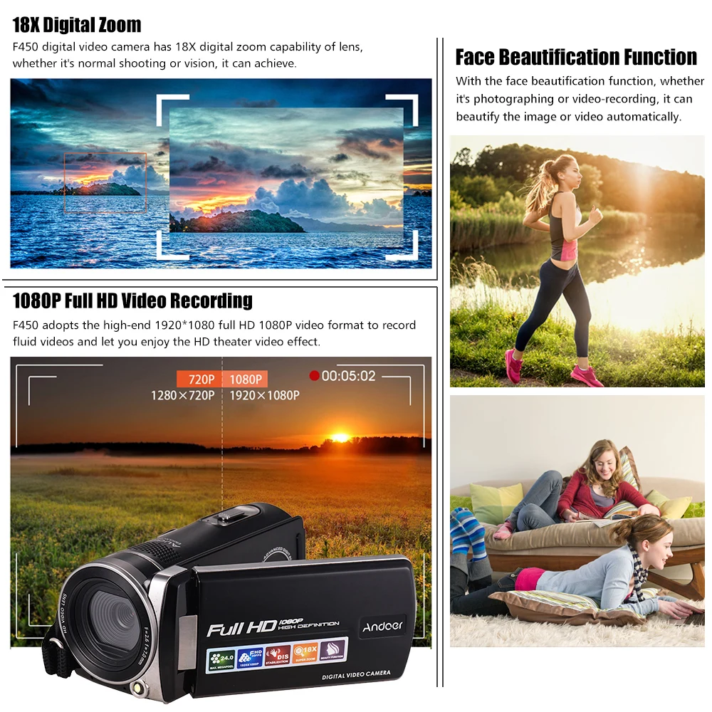 Цифровая видеокамера Andoer F450 Full HD 1080P 4 МП 18X цифровой зум DV 30FPS с 3 0 дюймовым ЖК