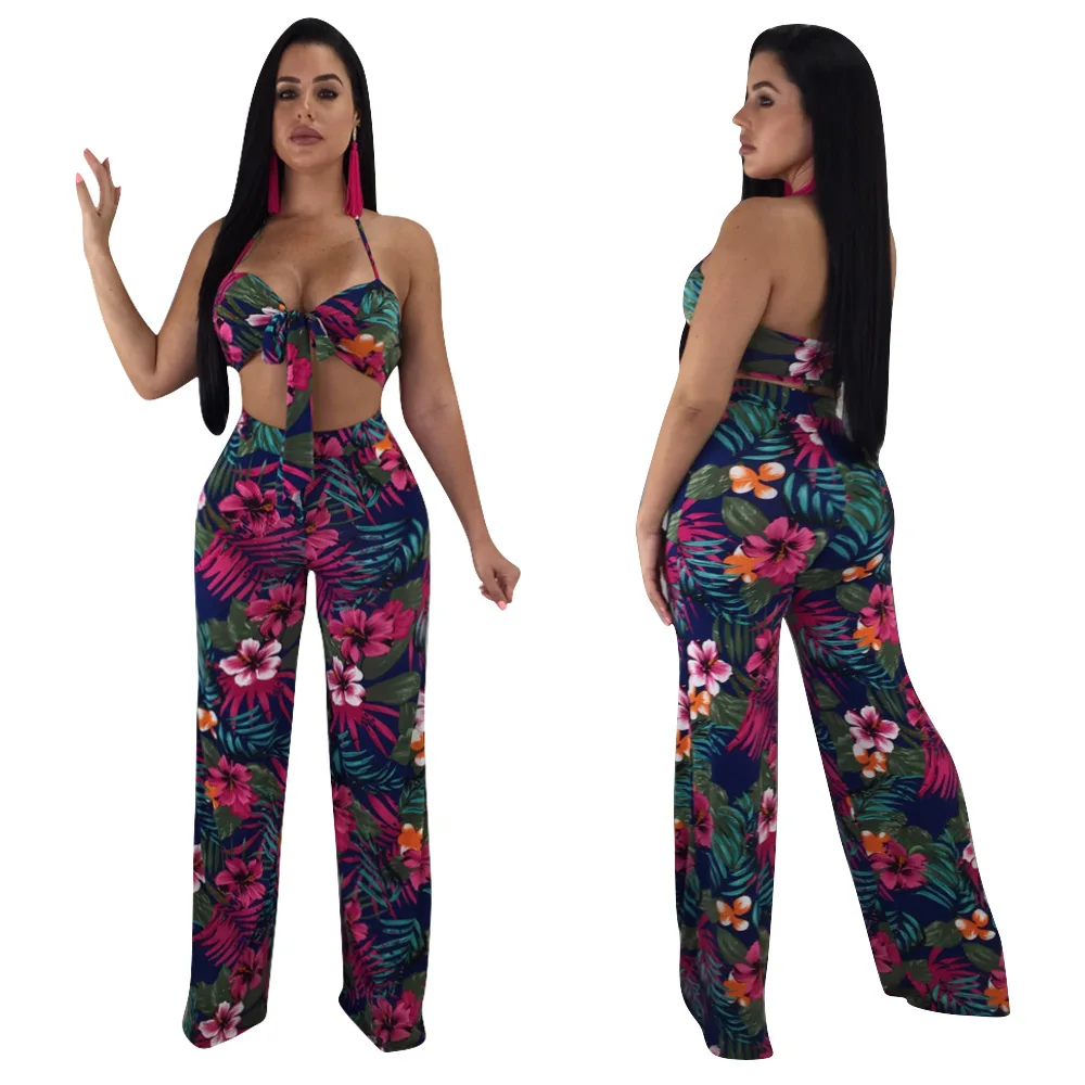 Длинные брюки с лямкой на шее женский укороченный топ и комплект со штанами без