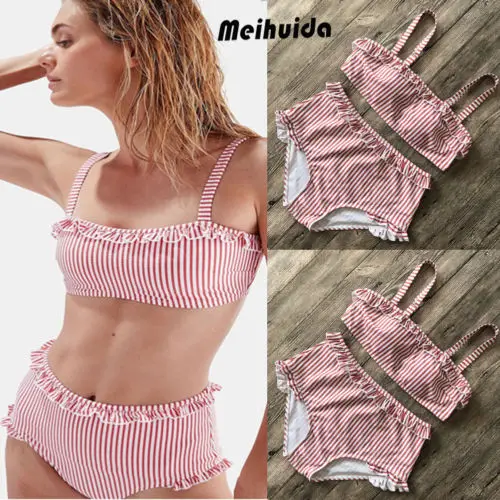 Summer Womens Pink Striped Swimwear Bandage Push-Up Bikini Set Brazilian Triangle Swimsuit Beachwear | Спорт и развлечения