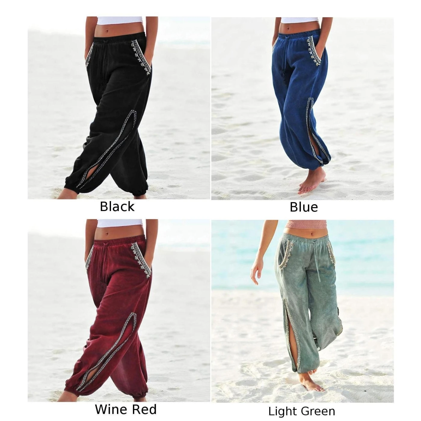 New Women Loose Drawstring Elastic Waist Side Slit Lace Beach Harem Pants Wide Trouser | Женская одежда