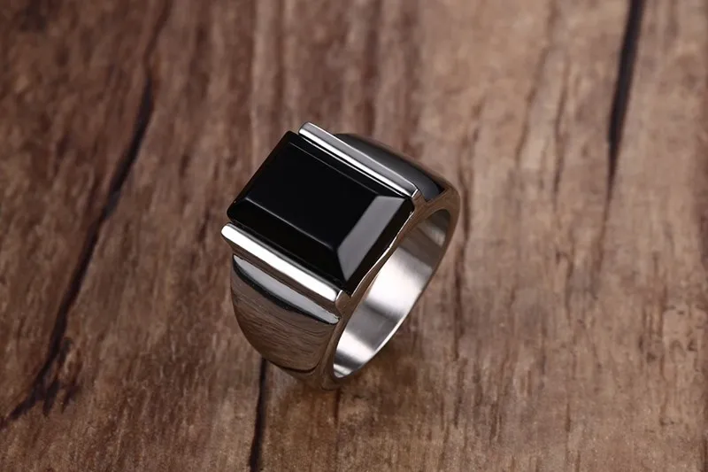 Mens Big Black Stone Ring Punk Gothic Rings for Male Stainless Steel Engagement Statement Jewelry US Size | Украшения и