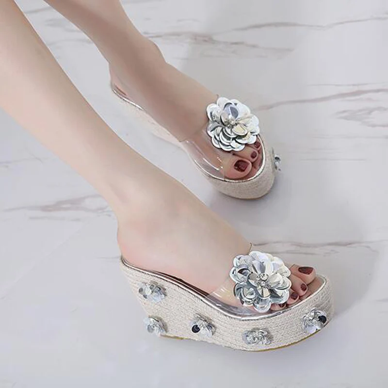 Шлепанцы на платформе из ПВХ с цветочным рисунком женские шлепанцы модные в