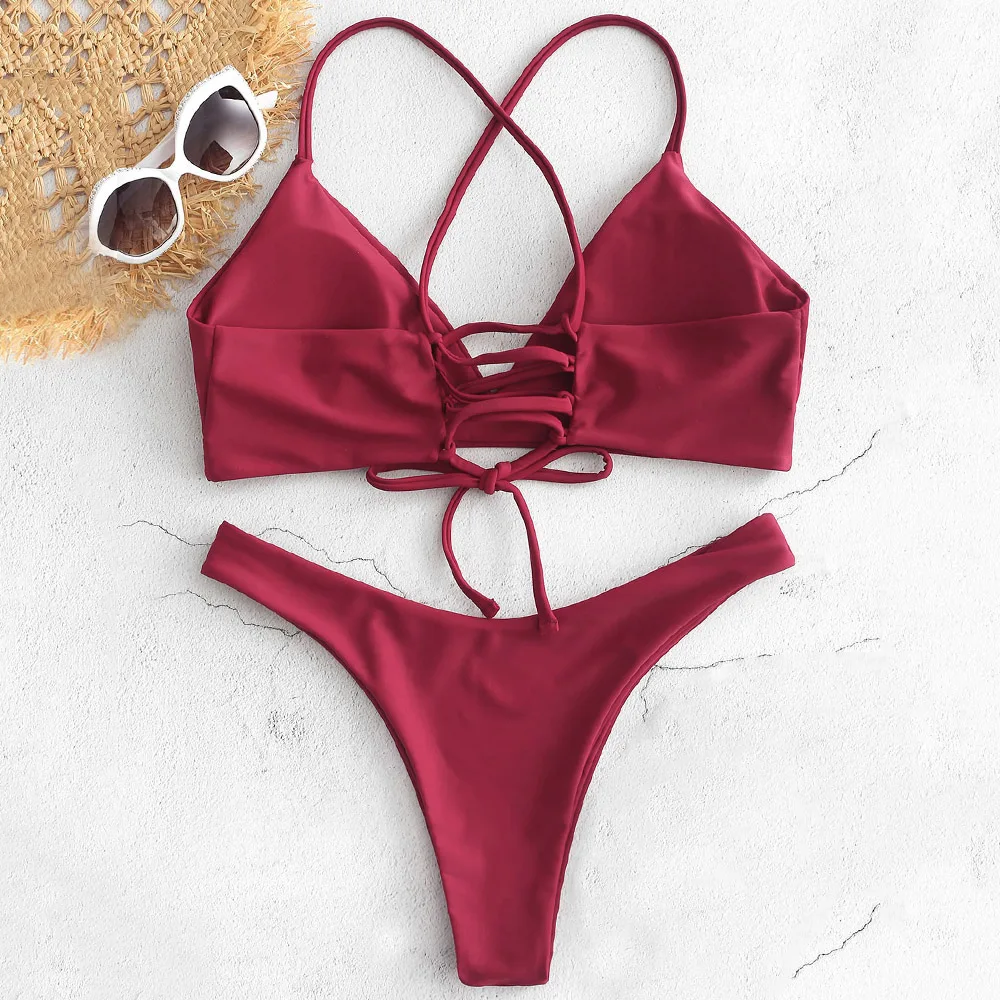 ZAFUL 2019 Bikinis Lace up Bikini Set Women Sexy Thongs High Cut Spaghetti Straps Bodysuit Solid Swimwear for Swimsuit |