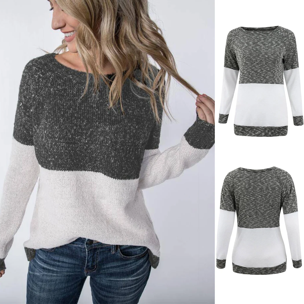 Autumn Winter Long Sleeve Sweater Women Patchwork Tops Womens O-Neck Loose Pollovers Knitting Femme Plus Size |