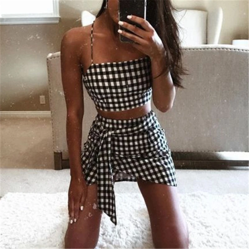 Женский клетчатый комплект из 2 предметов облегающая юбка короткий топ с