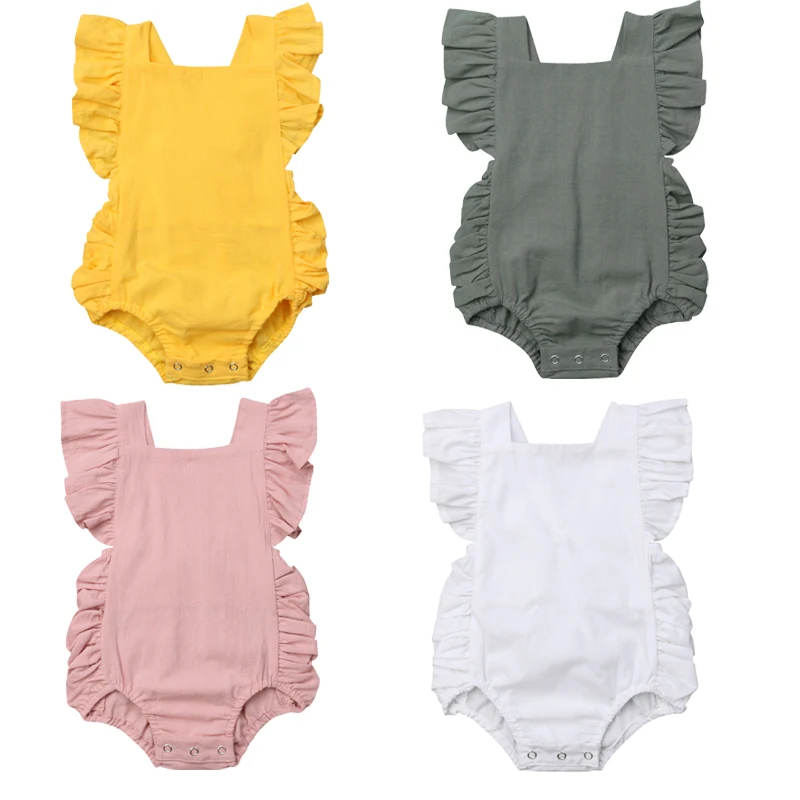 Ruffles Sleeveless Newborn Baby Girl Solid Color Cotton Romper Jumpsuit Outfits Princess Sunsuit Clothes | Мать и ребенок