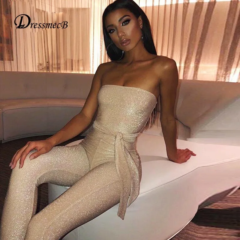 DRESSMECB Off Shoulder Sashes Jumpsuit 2019 Fashion Long Trousers Women Belt Glitter Rompers Party Clubwear Playsuits | Женская одежда