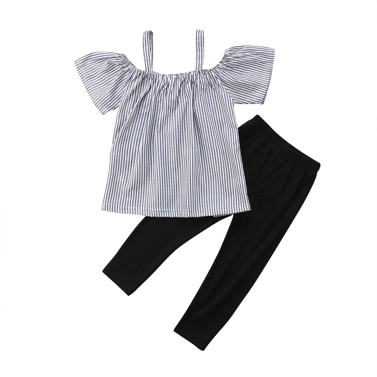 

Лидер продаж 2019, модная повседневная одежда для маленьких девочек, детский полосатый комбинезон с открытыми плечами, топ, футболка и штаны, ...