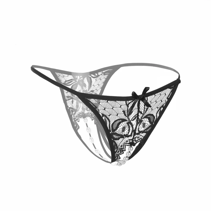 AIIOU Women Sexy Panties Lace Thongs G Strings Underwear Floral Erotic Low Waist Intimates Pearl Transparent Thong Underwear