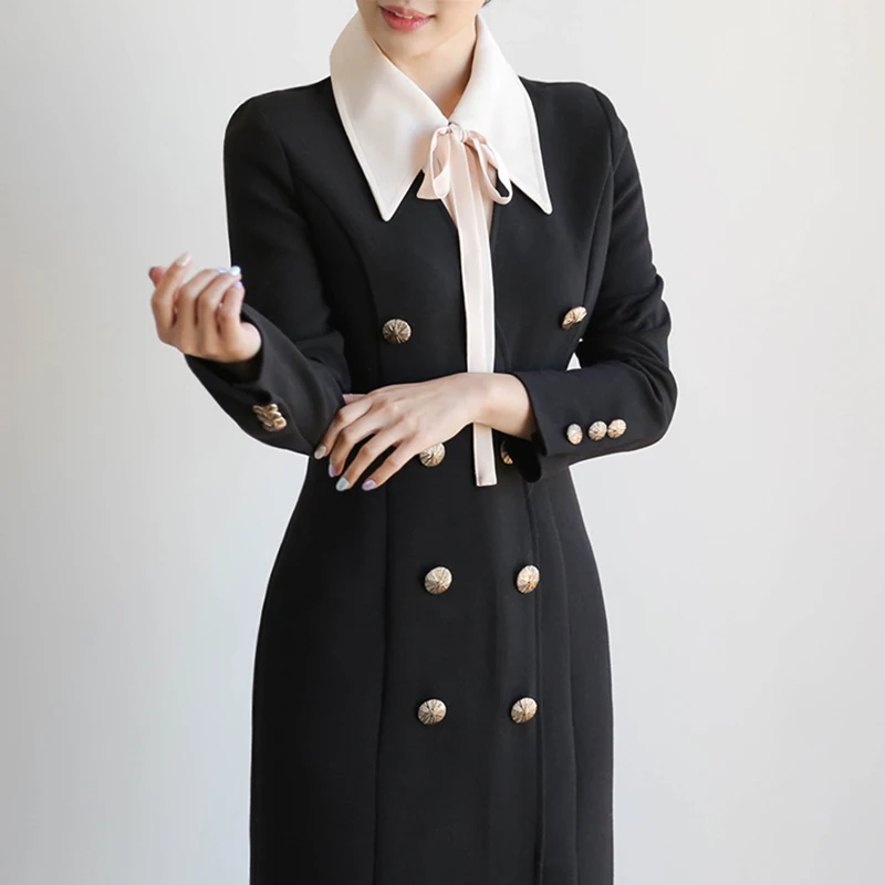 

2019 New Spring Women dress Bow Patchwork Slim High-end Dresses Black 287