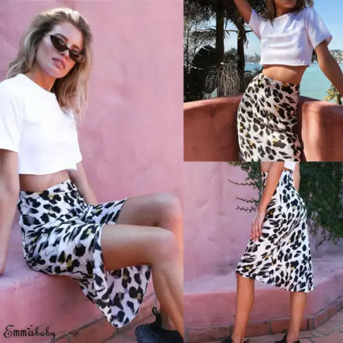 Women's Leopard Knee Length Skirt Elastic High Waist Beach Cocktail Dress | Женская одежда