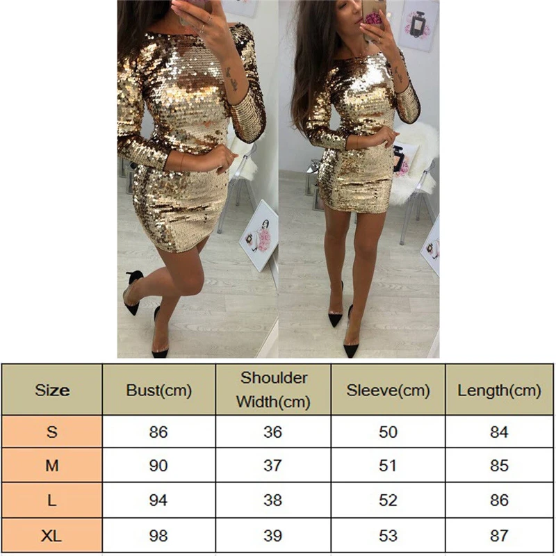 Ladies Party Dresses New Sexy Women Gold Sequins Long Sleeve Mini Dress Casual Bodycon Pencil Evening | Женская одежда