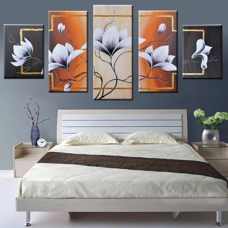 

Modern 5 piece Hand Painted Modular Wall Art Oil Paintings Flower White Decorative Pictures for Home Living Room Decor Unframed