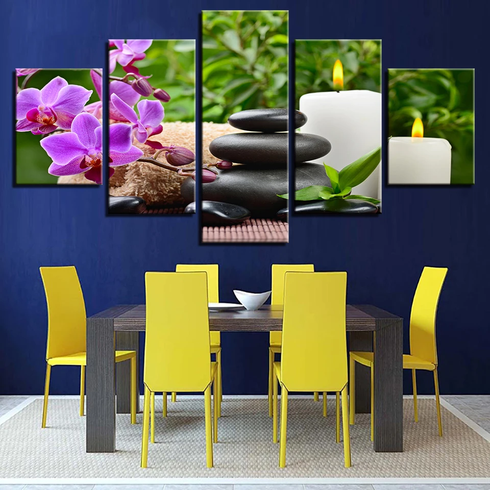 Canvas HD Prints Poster Home Decor 5 Pieces Butterfly Orchid Pebbles Candle Paintings Stones Flower Picture Living Room Wall Art | Дом и сад
