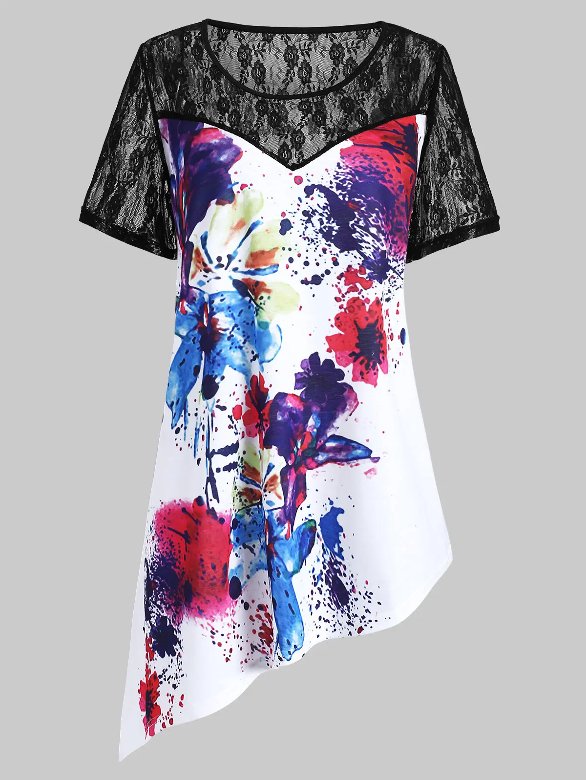 Wipalo Plus Size Lace Panel Tie Dye T Shirt Asymmetrical Women Casual Round Neck Short Sleeve Long Shirts Female Summer Tops Tee | Женская