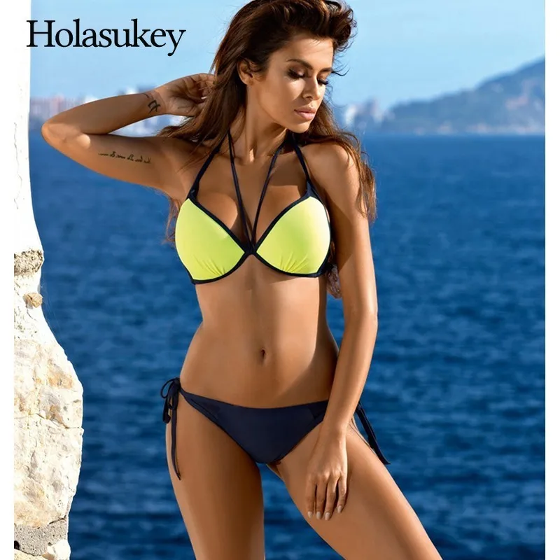 HolaSukey 2019 сексуальный новый комплект бикини Твердые Бикини Push Up Купальник для