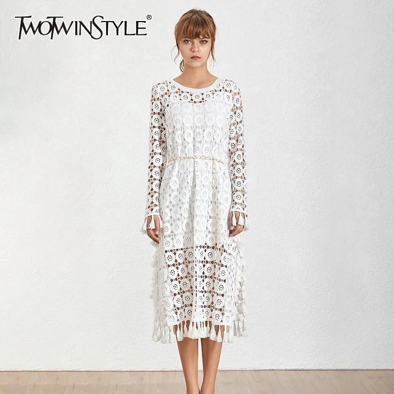 Женское платье до щиколотки TWOTWINSTYLE с круглым вырезом и длинным рукавом