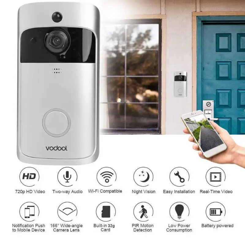 Vodool V5 Смарт Wi Fi видеокамера на дверной звонок 720 p визуальный вызова домофонный