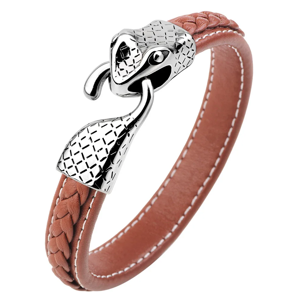 2019 New Bracelet Personality Fashion Stainless Steel Snake Head Leather Woven Men's Trend | Украшения и аксессуары