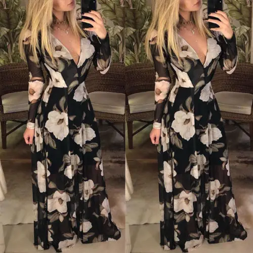 

Womens Boho Maxi Dress Party Evening Ladies Holiday Long Sleeve Dress V Neck Flower Chiffon Dresses Holiday Dresss