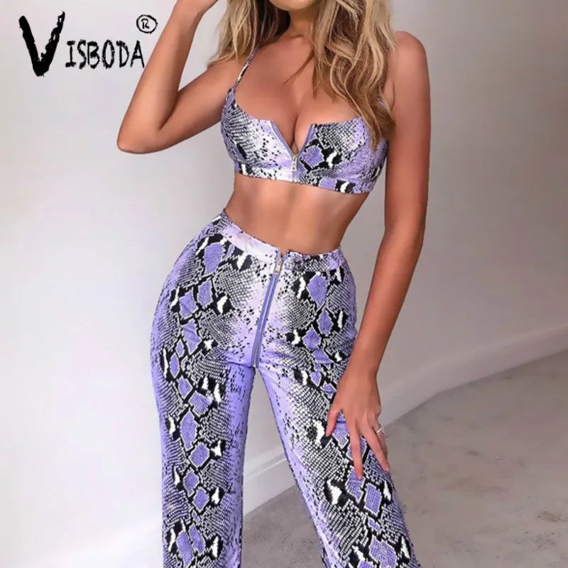 Women Sexy Crop Top And Pants 2 Pieces Set 2019 Fashion Female Purple Snake Skin Printed Bralette Zipper Vest Wide Leg | Женская одежда