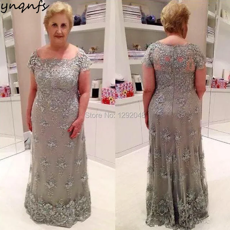 

YNQNFS M72 Real Silver Long Mother of the Bride Groom Dresses with Short Sleeves Plus Size Dinner Party Anniversary Formal Gown