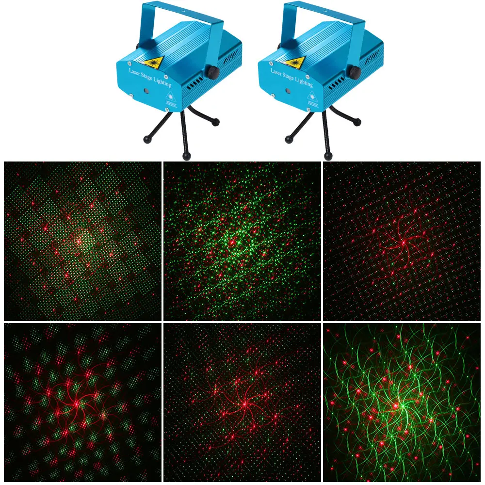 

Mini LED Laser Projector Red & Green Stage Lighting Effect Patterns Voice-activated DJ Disco Xmas Party Club Light with Tripod