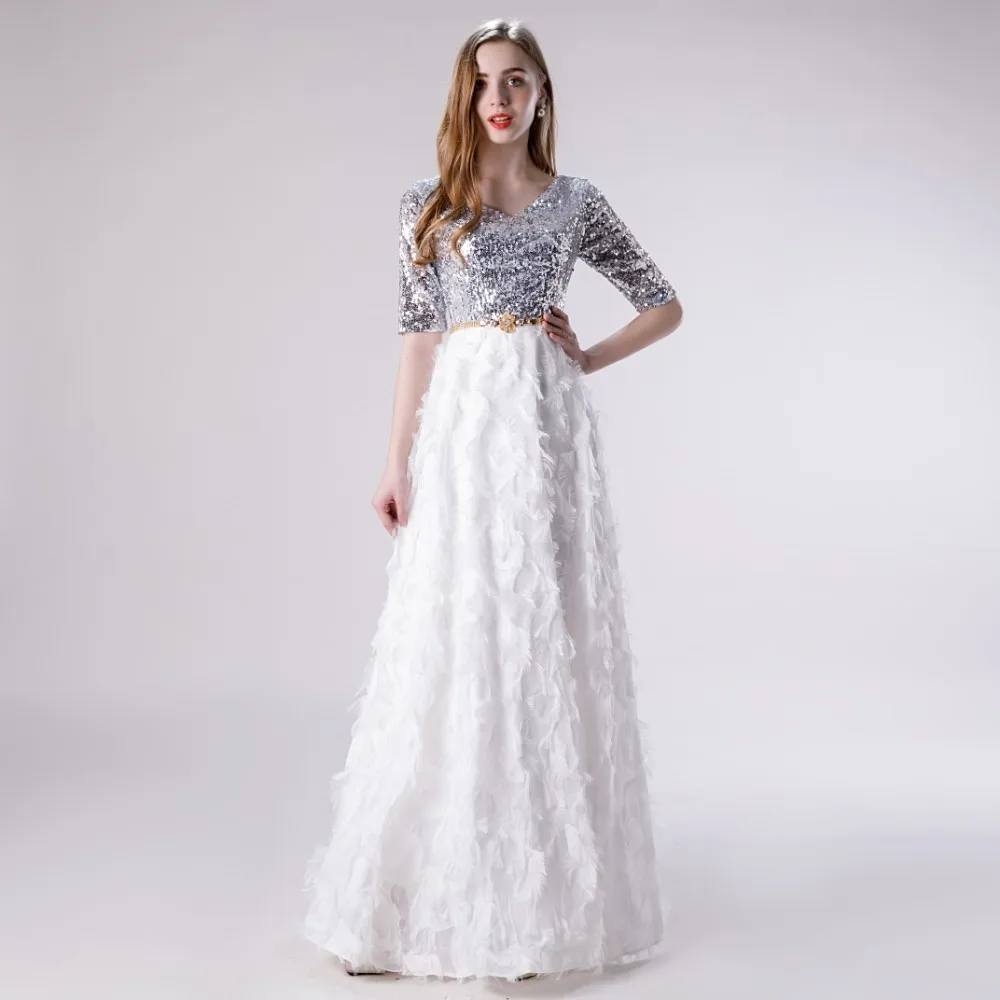 Платье для выпускного вечера Vivian's Bridal серебристое белое контрастное платье с