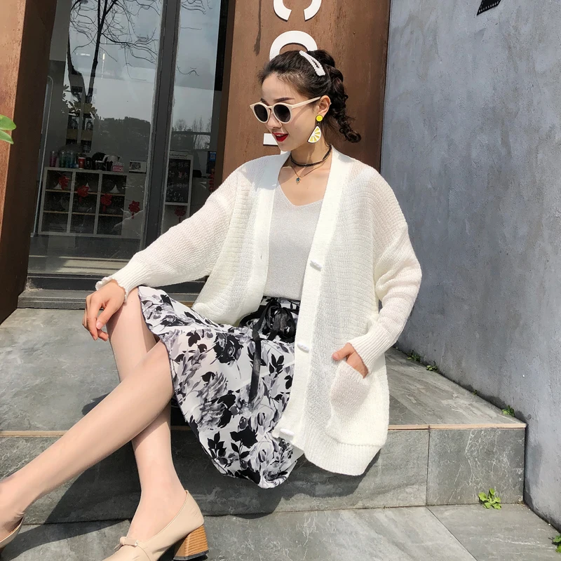 

Lazy Wind Spring Summer Knitted Cardigan Women 2019 Korean Casual Pockets Batwing Sleeve Sun-proof Long Cardigan feminino Thin