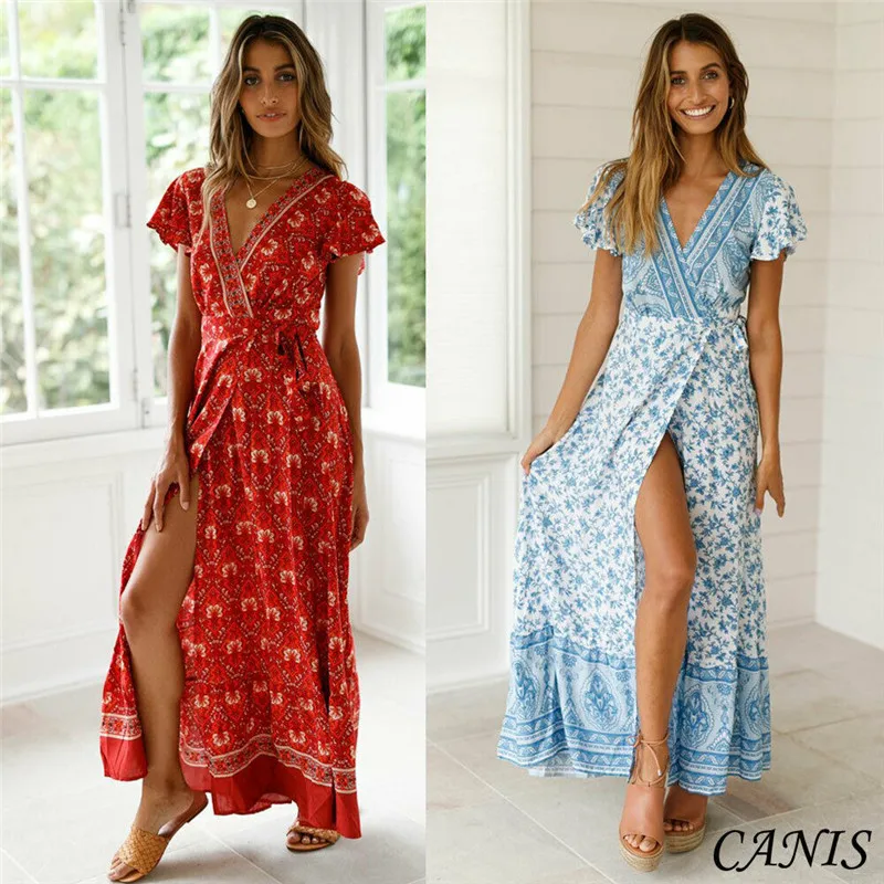 2019 New Arrivals Fashion Women High Slit V-neck Dress Floral Boho Long Maxi Belt Ruffles Sleeve Holiday Beach Sundress | Женская одежда