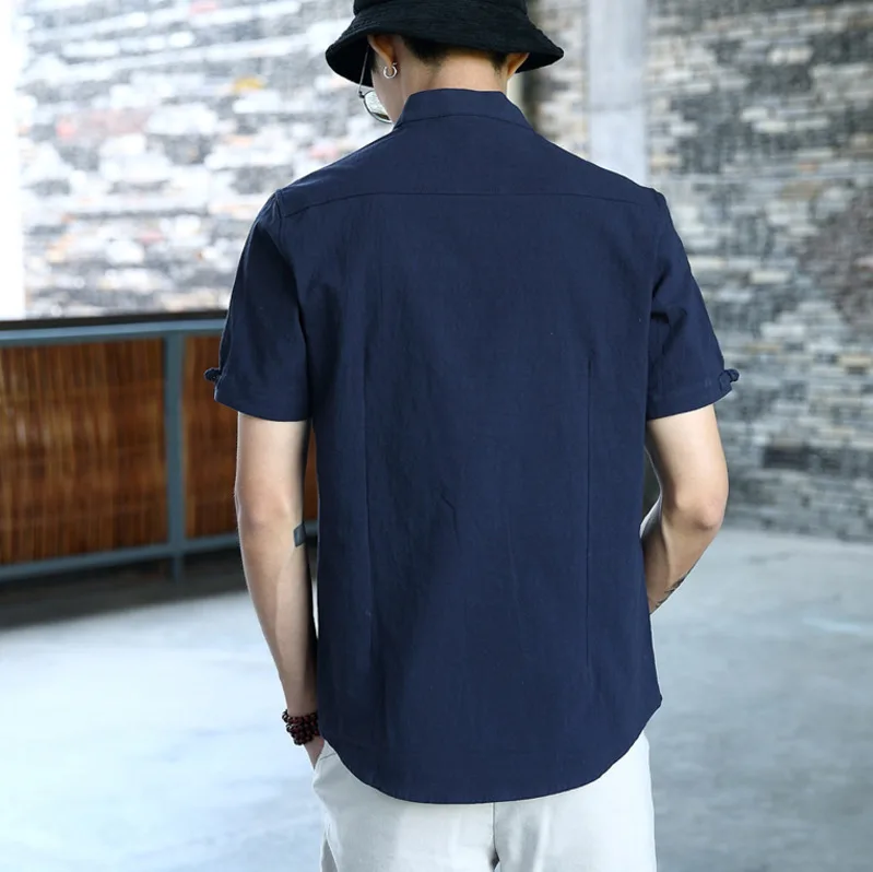 

#4527 Summer Stand Collar Chinese Style Shirt Men Retro Buckle Short Sleeve Cotton Linen Shirt Black/White/Blue Casual Vintage