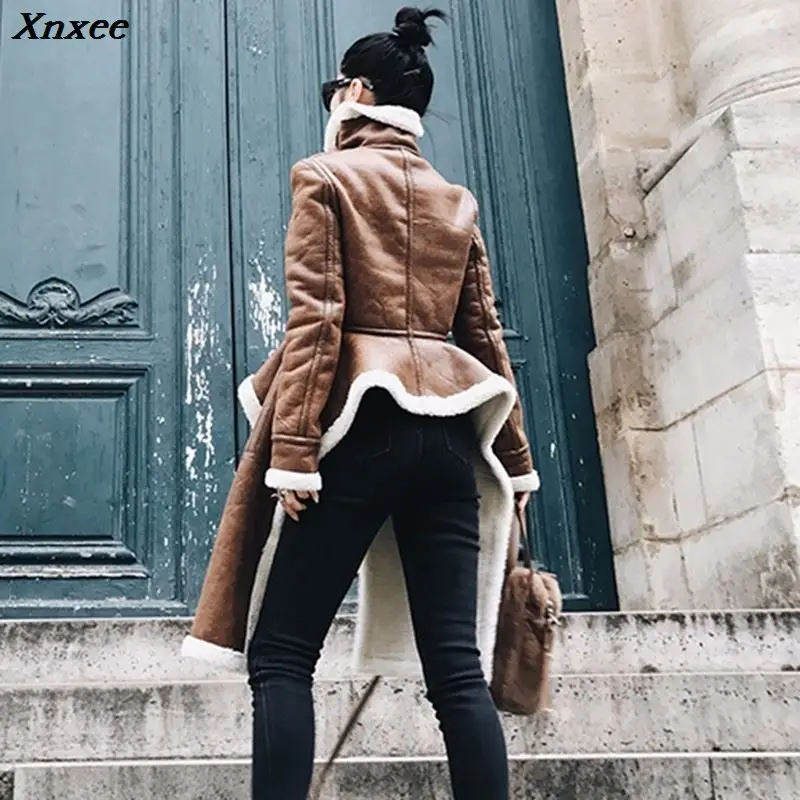 Xnxee Асимметричные флисовые пальто из искусственной кожи с высоким воротником на
