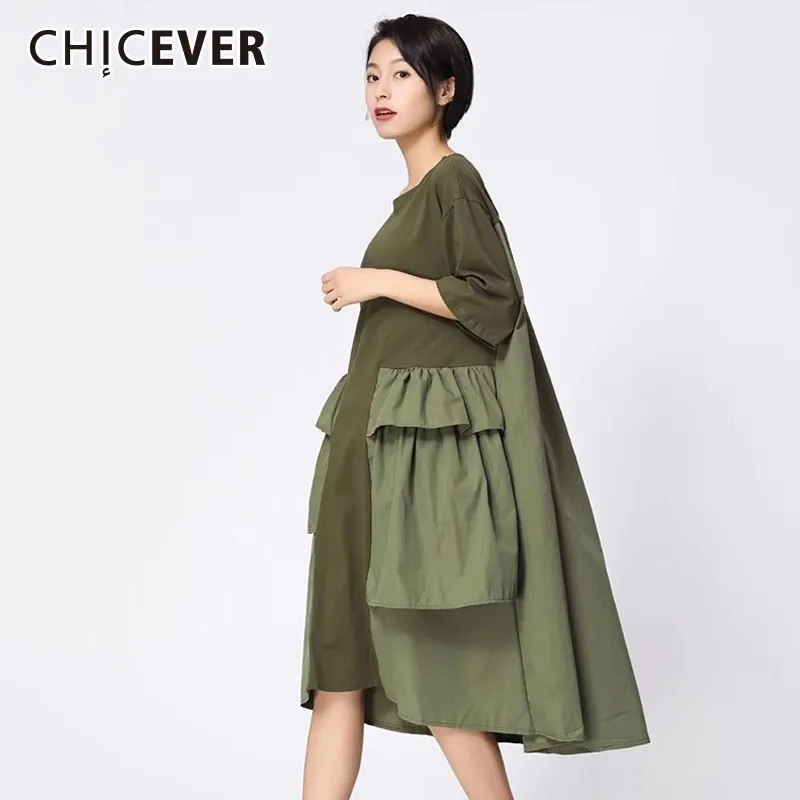 Женское платье миди CHICEVER черное с О образным вырезом и коротким рукавом|Женские