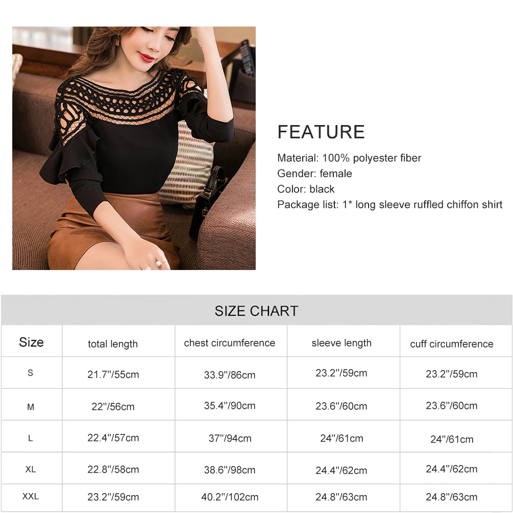 Vbiger Women Long Sleeve Ruffled Chiffon Shirt Sexy Lace Patchwork Top Trendy Hollow Out Blouse Black | Женская одежда