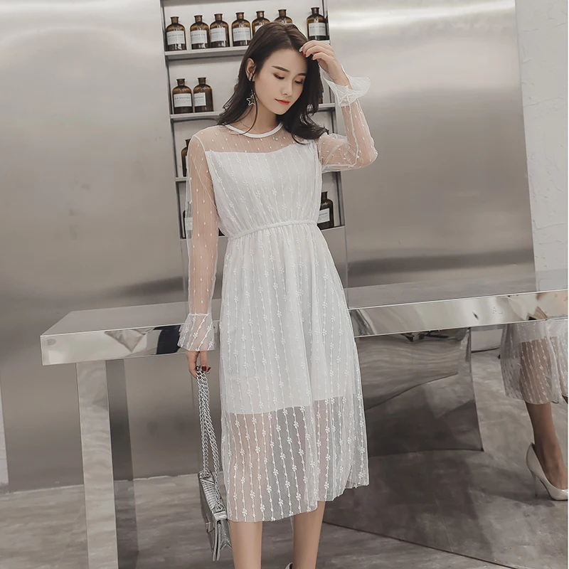 2019 spring summer women race dress female vintage elegant flare sleeve elastic casual office lady sexy hollow out a-line | Женская