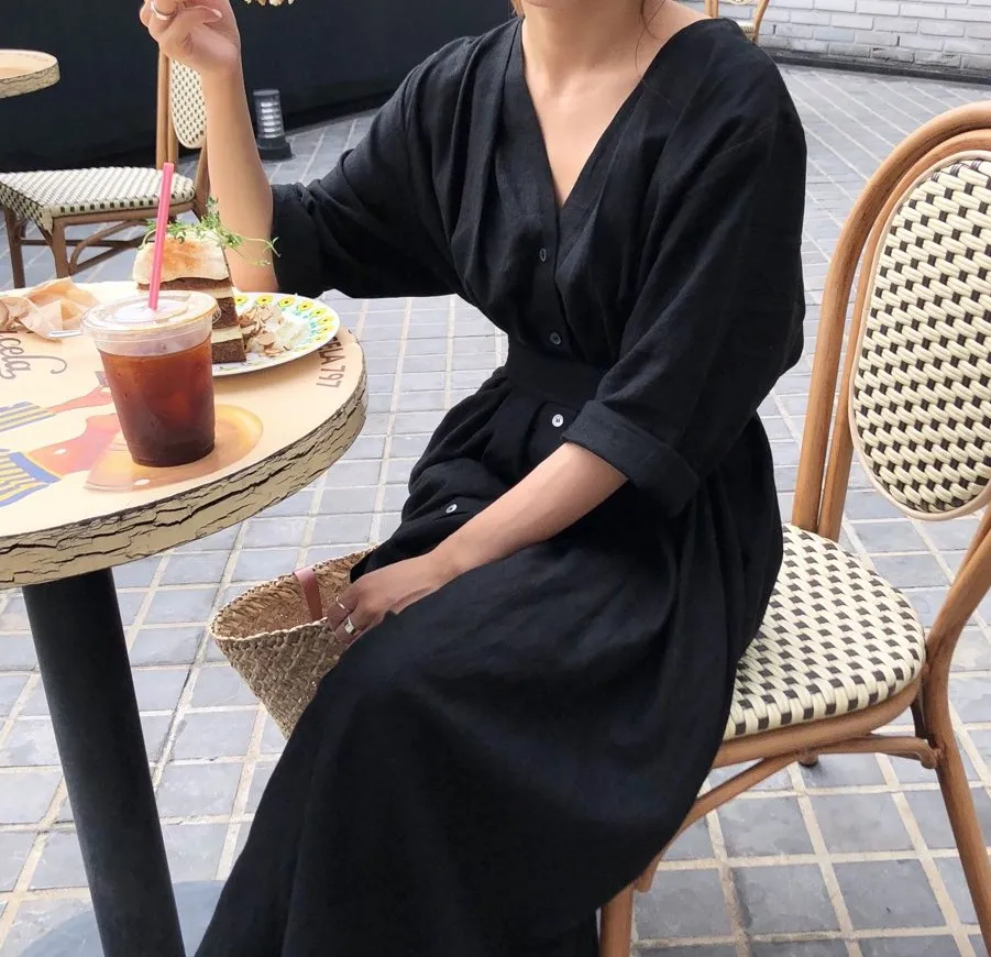 2019 New Korean V-neck Maxi Party Dress Women Vintage Solid Belt Empire A-line Female Casual Loose Dresses | Женская одежда