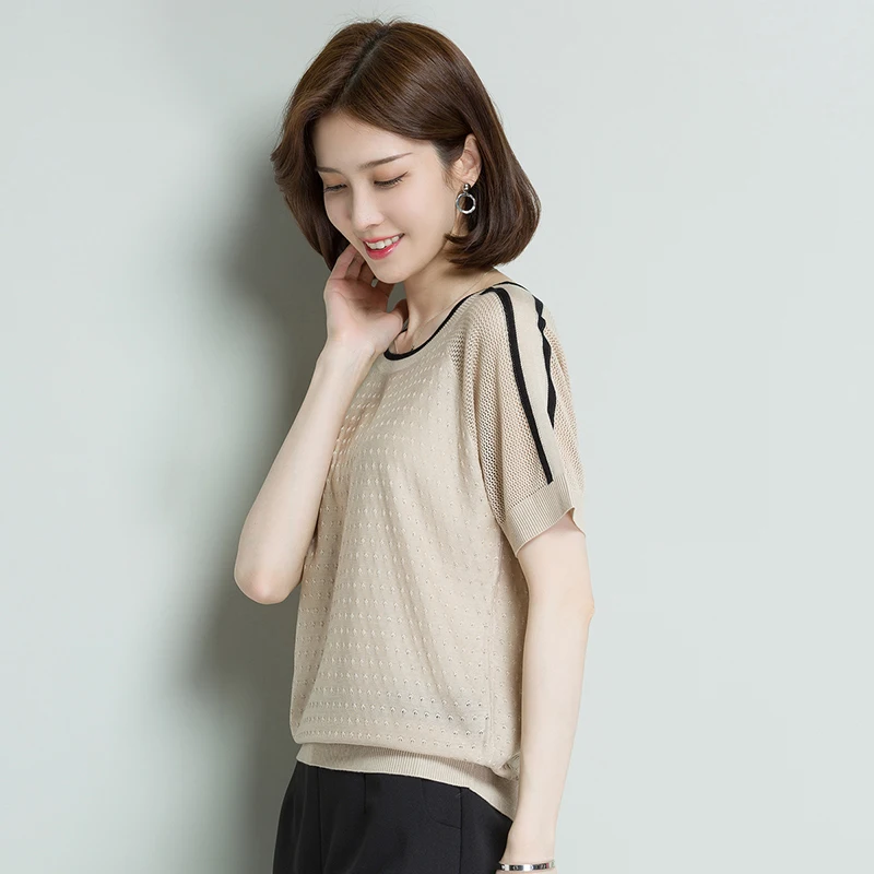 short sleeve top hollow out knit women sweater Pullovers o neck summer Basic Women Sweaters Korean Style Slim Fit Black | Женская одежда