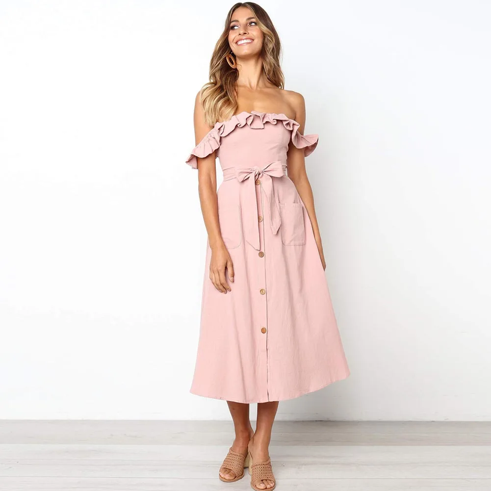 Boho женское летнее платье миди с открытыми плечами и бантом 2019 Повседневное