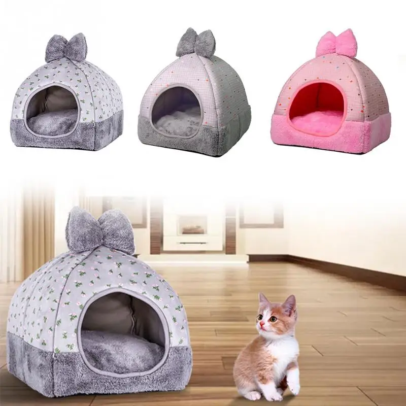 Складной кошка собака Питомник теплый мягкий валик с милым бантом Губка Pet House