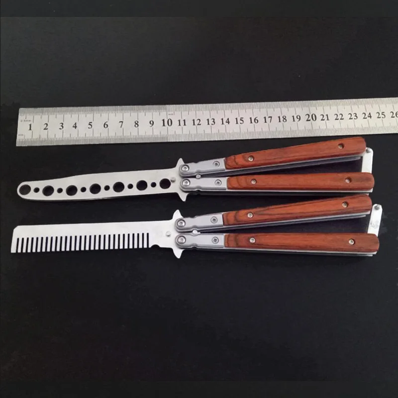 Stainless Steel Butterfly Folding Comb Knife Salon Barber Practice Training Wooden Handle Wide Tooth Metal Hair Brush Combs | Красота и