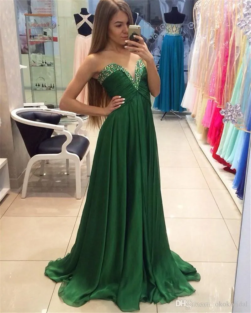 

Simple Cheap Prom Dresses Long Beaded V-neck Chiffon Evening Dress Green Women Party