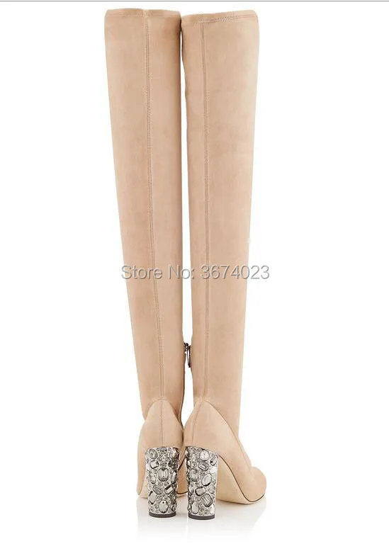 Qianruiti Beige Black Faux Suede Overknee Boots Jeweled Block High Heels Thigh Runway Shoes Women |