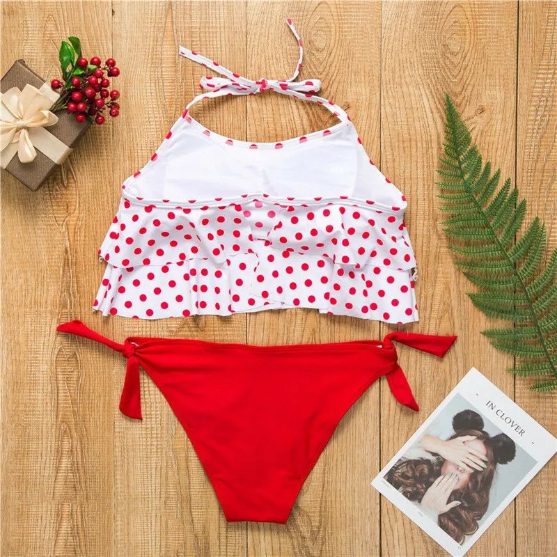 

Women Strappy Ruffles Bikini Set Vintage Polka Dot Printed Halter Padded Bra Swimsuit Low Waist Triangle Swimwear Bathing Suits