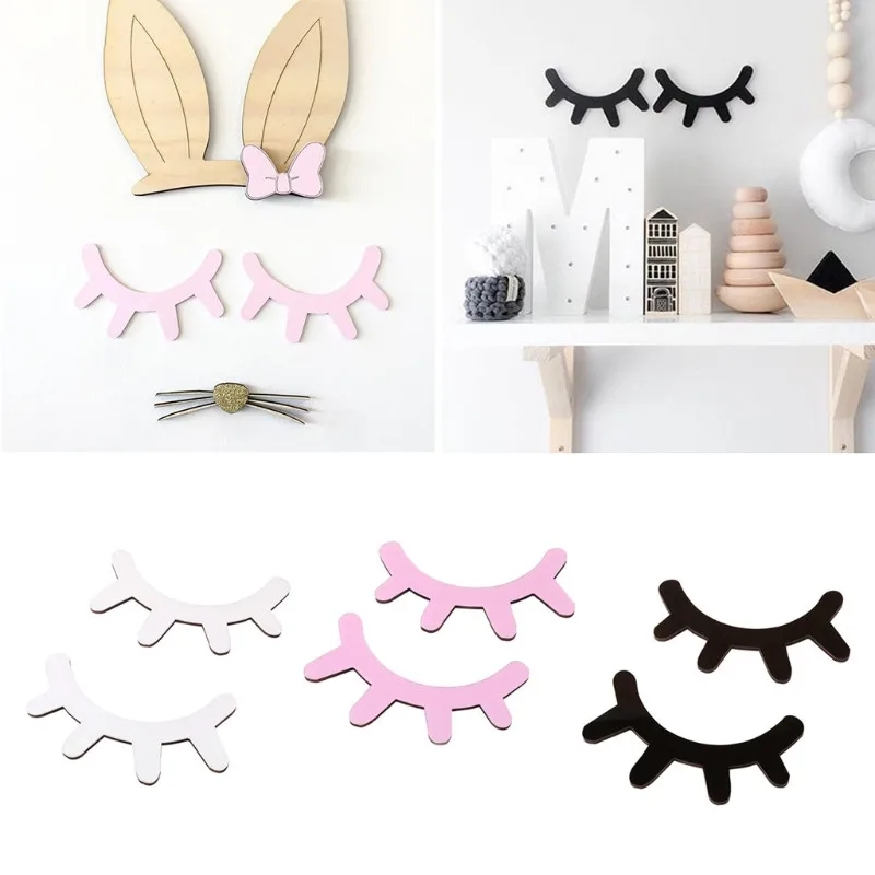 

2pcs Eyelash Wall Sticker Living Room Decoration DIY Craft Cartoon 3D Wood Wall Stickes DIY Cute Eyelash Closed Eye Home Decal