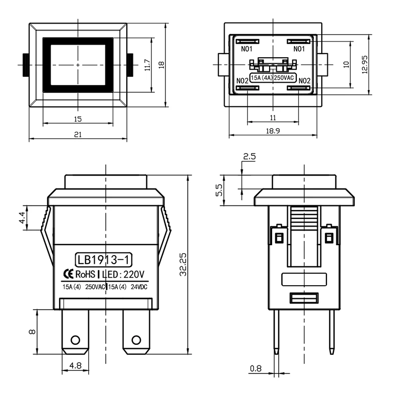 Metal Push Button Switch Rectangle 15A Electric Normally Open Power Locking/Reset with Lamp Ship Type Rocker | Обустройство дома