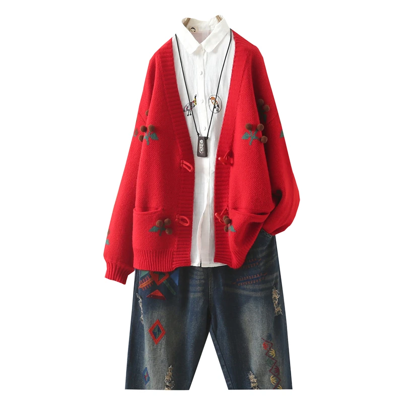 Women's Beige/Red Knitted Cotton Fruit Embroidery Mori Girl Loose Cardigan Sweater |