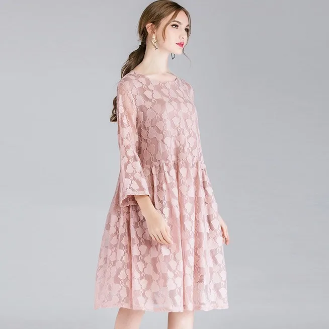 Blue Pink Black Lace Dress for Women Back Up Sweet Loose A-line Elegant Hollow 3/4 Sleeve Party Dresses Plus Size 4XL | Женская одежда