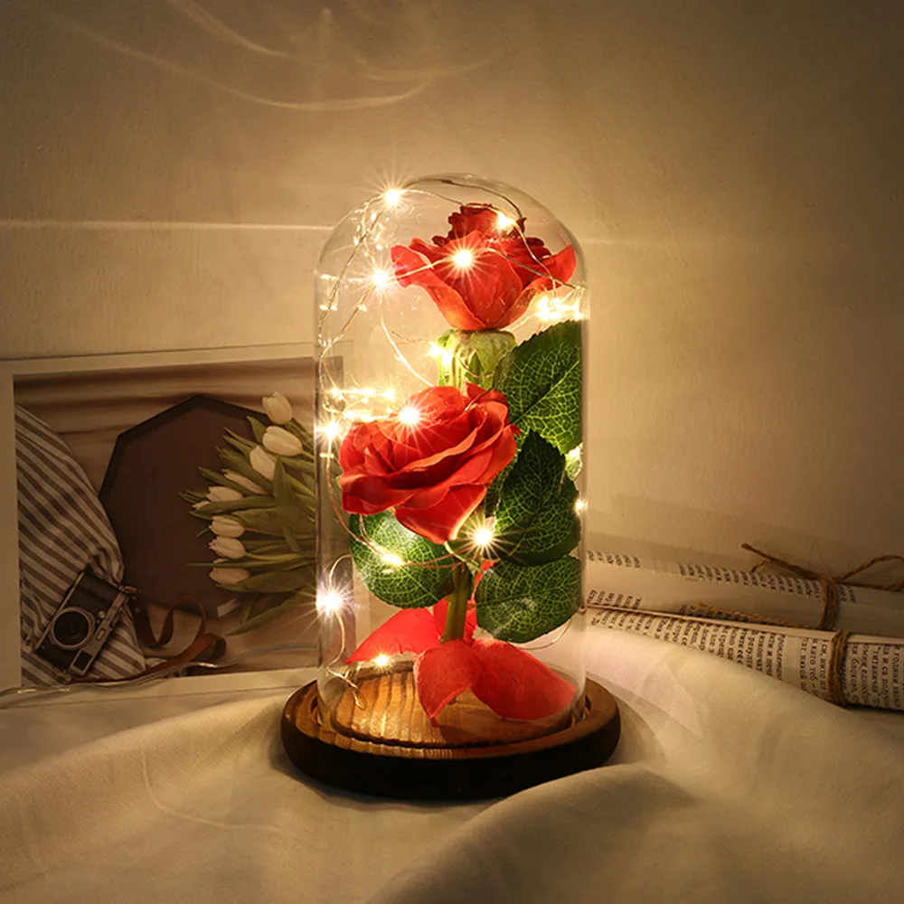 LED Beauty And The Beast красная роза со стеклянным покрытием на деревянной базе батарейках
