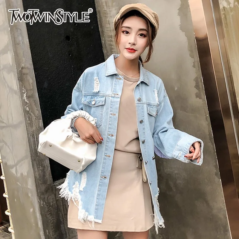 TWOTWINSTYLE рваные с дырками джинсовые пальто женские лацканы длинным рукавом