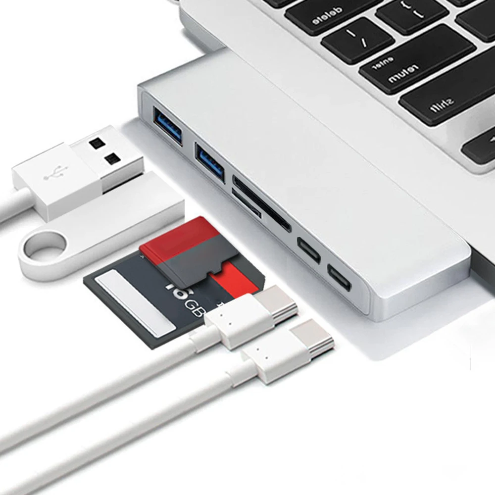 6 в 1 адаптер с двумя разъемами для зарядки и считывания USB C сплиттер 3 0 Type Apple Macbook